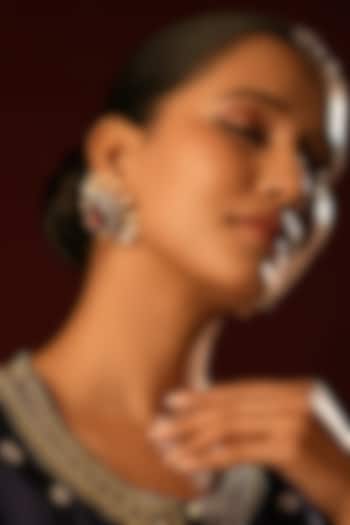 Gold Finish Ruby Crystal & Pearl Floral Stud Earrings by Bijoux By Priya Chandna at Pernia's Pop Up Shop