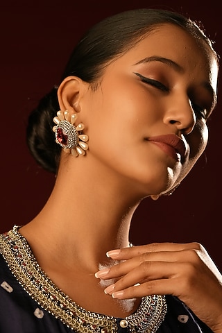 Gold Finish Ruby Crystal & Pearl Floral Stud Earrings by Bijoux By Priya Chandna