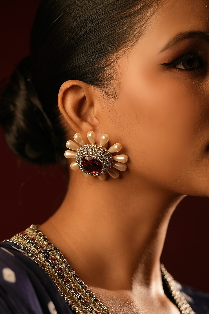 Gold Finish Ruby Crystal & Pearl Floral Stud Earrings by Bijoux By Priya Chandna at Pernia's Pop Up Shop