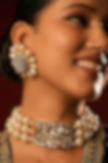 Gold Finish Crystal & Pearl Stud Earrings by Bijoux By Priya Chandna at Pernia's Pop Up Shop