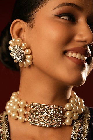 Gold Finish Crystal & Pearl Stud Earrings by Bijoux By Priya Chandna