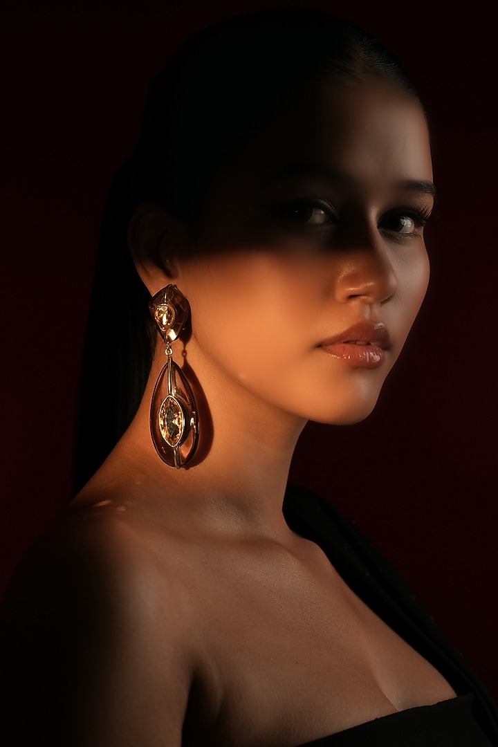 Gold Finish Crystal Dangler Earrings by Bijoux By Priya Chandna at Pernia's Pop Up Shop