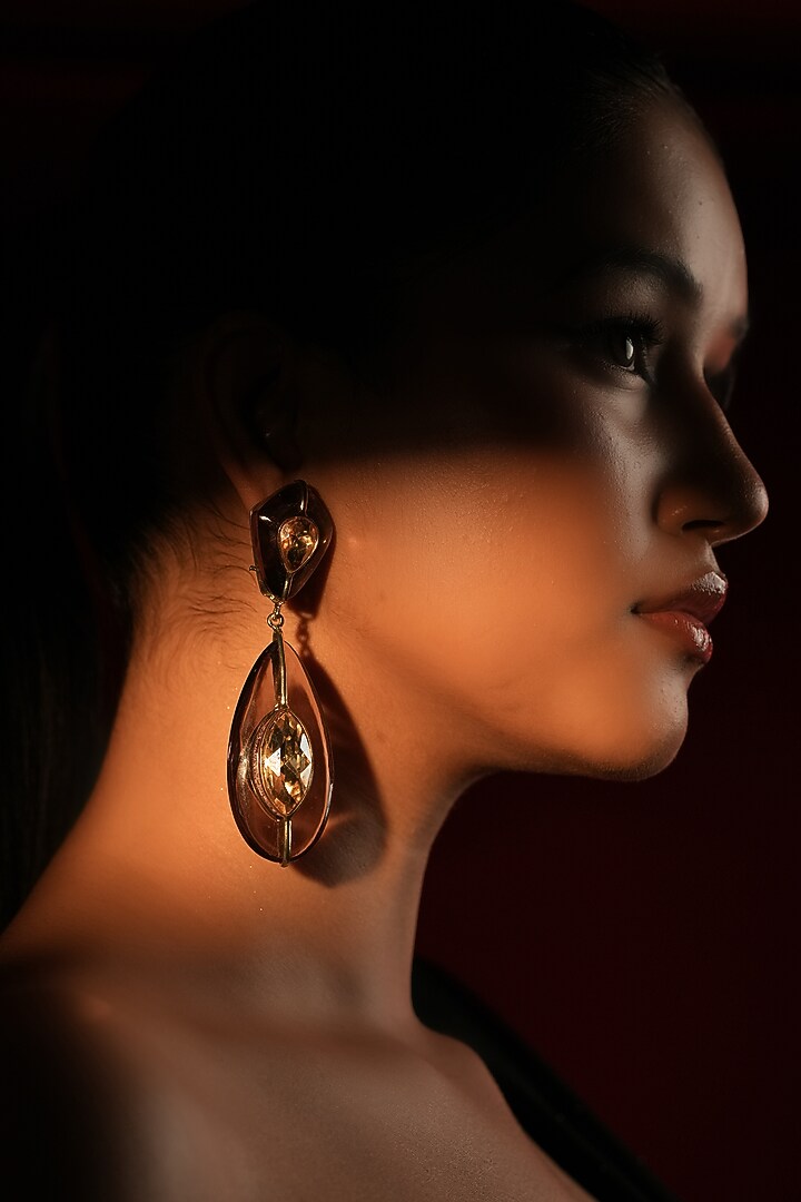 Gold Finish Crystal Dangler Earrings by Bijoux By Priya Chandna at Pernia's Pop Up Shop