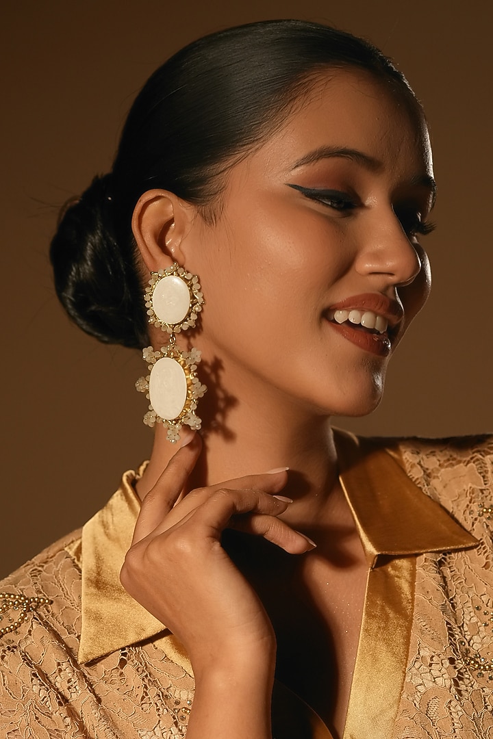 Gold Finish Crystal & Pearl Dangler Earrings by Bijoux By Priya Chandna at Pernia's Pop Up Shop