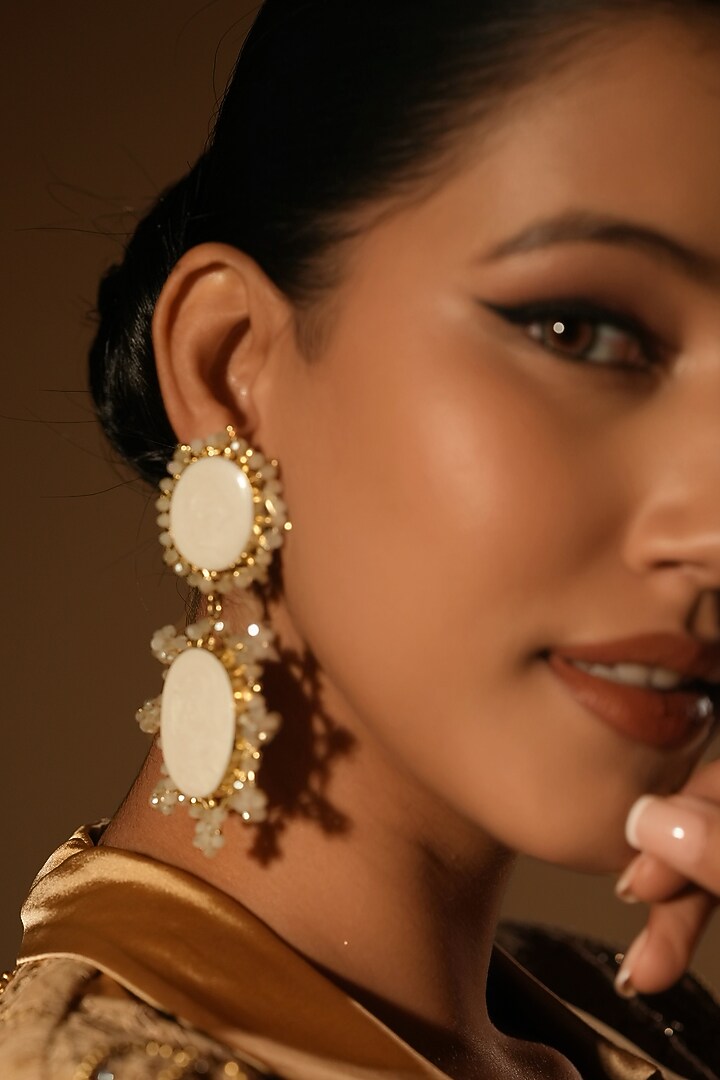 Gold Finish Crystal & Pearl Dangler Earrings by Bijoux By Priya Chandna at Pernia's Pop Up Shop