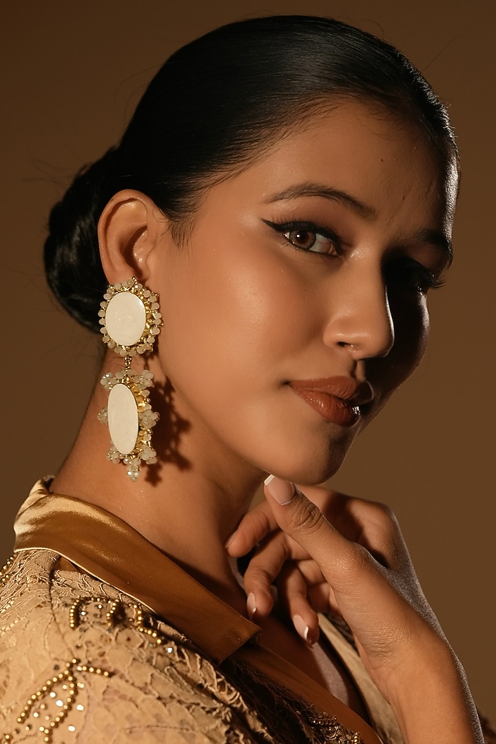 Gold Finish Crystal & Pearl Dangler Earrings by Bijoux By Priya Chandna at Pernia's Pop Up Shop