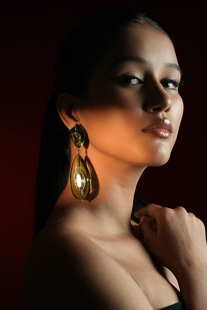 Gold Finish Crystal Leaf-Shaped Dangler Earrings by Bijoux By Priya Chandna at Pernia's Pop Up Shop