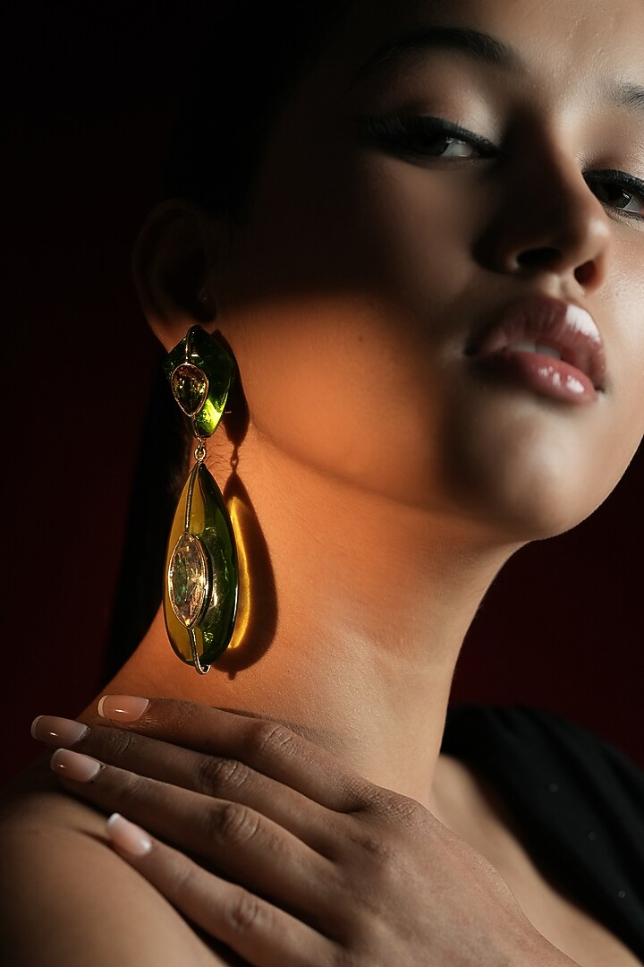 Gold Finish Crystal Leaf-Shaped Dangler Earrings by Bijoux By Priya Chandna at Pernia's Pop Up Shop