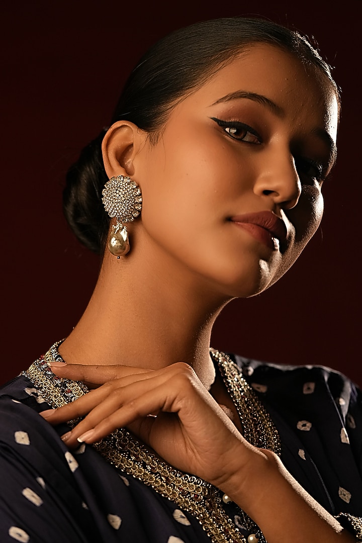 Gold Finish Crystal & Pearl Drop Dangler Earrings by Bijoux By Priya Chandna at Pernia's Pop Up Shop