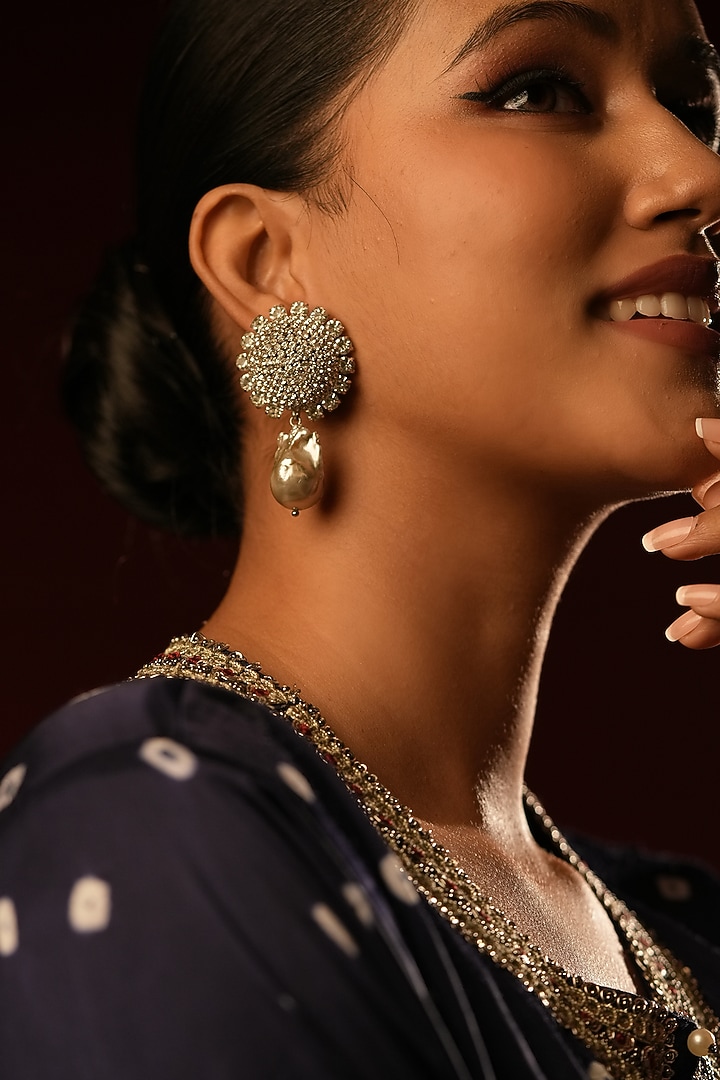 Gold Finish Crystal & Pearl Drop Dangler Earrings by Bijoux By Priya Chandna at Pernia's Pop Up Shop