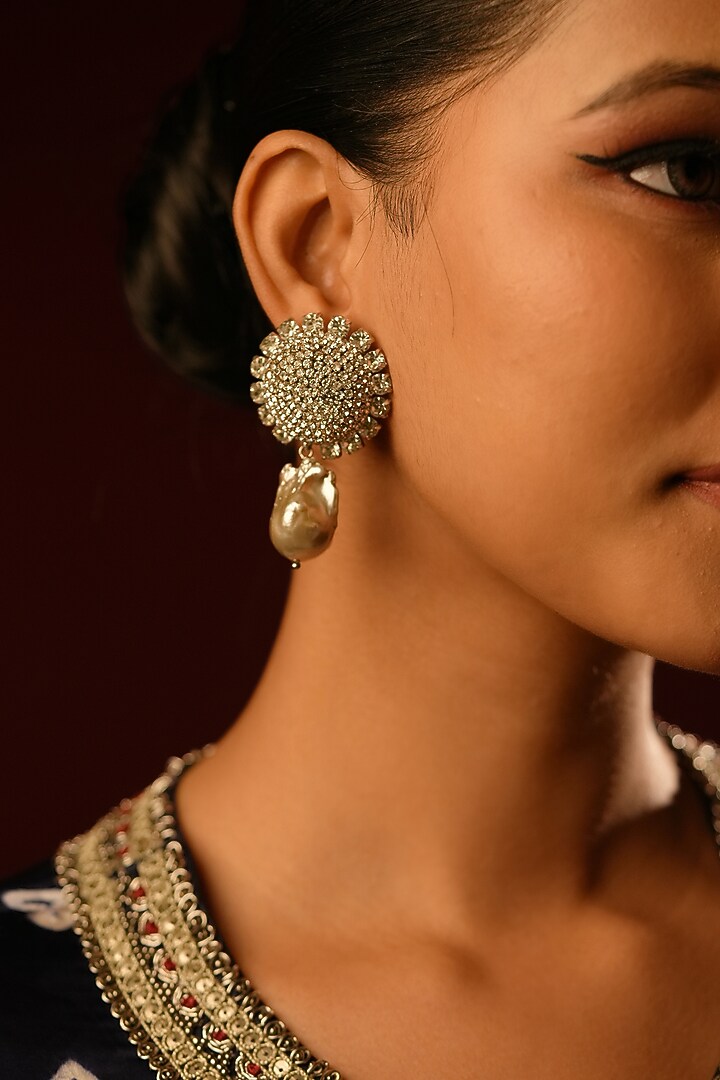 Gold Finish Crystal & Pearl Drop Dangler Earrings by Bijoux By Priya Chandna at Pernia's Pop Up Shop