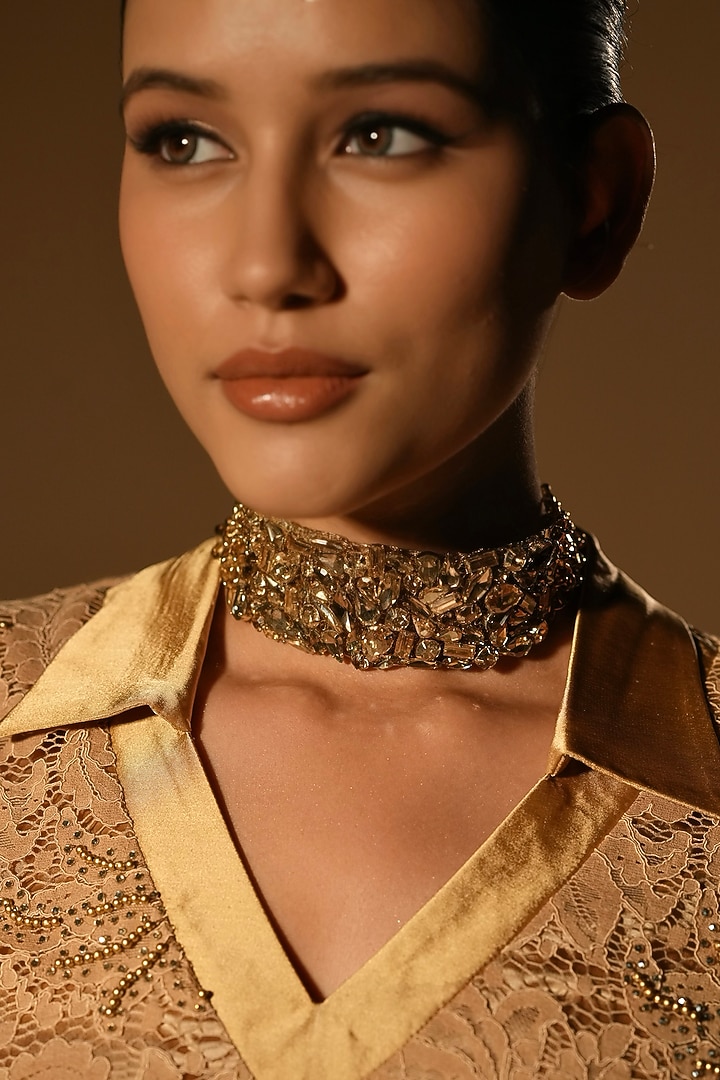 Gold Finish Textured Crystal Choker Necklace by Bijoux By Priya Chandna at Pernia's Pop Up Shop