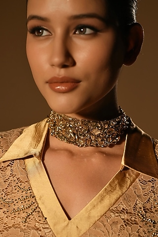 Gold Finish Textured Crystal Choker Necklace by Bijoux By Priya Chandna
