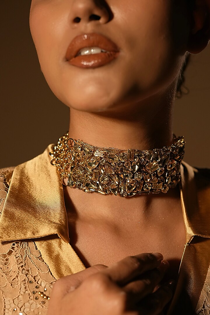 Gold Finish Textured Crystal Choker Necklace by Bijoux By Priya Chandna at Pernia's Pop Up Shop