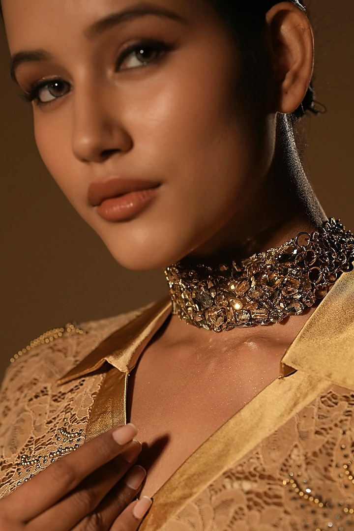Gold Finish Textured Crystal Choker Necklace by Bijoux By Priya Chandna at Pernia's Pop Up Shop