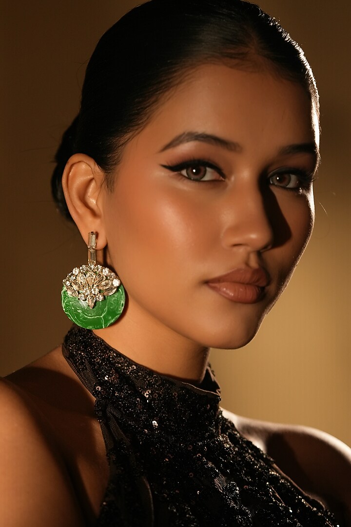 Gold Finish Crystal & Resin Drop Dangler Earrings by Bijoux By Priya Chandna at Pernia's Pop Up Shop