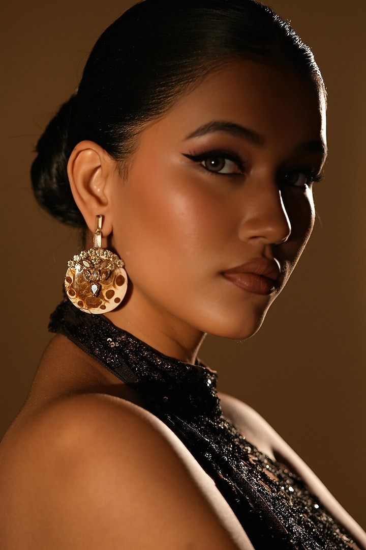 Gold Finish Crystal & Resin Drop Dangler Earrings by Bijoux By Priya Chandna at Pernia's Pop Up Shop