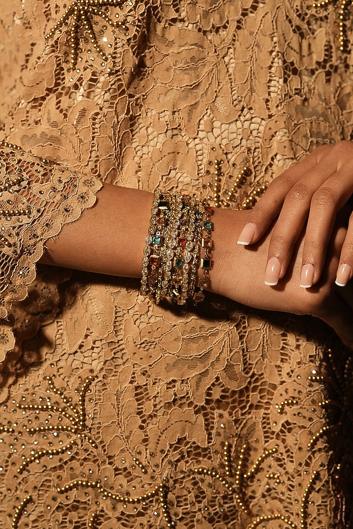 Gold Finish Crystal & Beaded Bracelet by Bijoux By Priya Chandna at Pernia's Pop Up Shop
