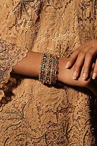 Gold Finish Crystal & Beaded Bracelet by Bijoux By Priya Chandna