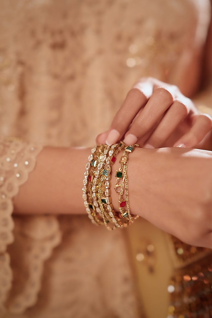 Gold Finish Crystal & Beaded Bracelet by Bijoux By Priya Chandna at Pernia's Pop Up Shop