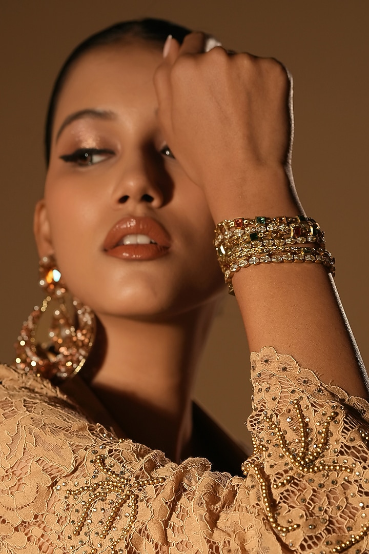 Gold Finish Crystal & Beaded Bracelet by Bijoux By Priya Chandna at Pernia's Pop Up Shop