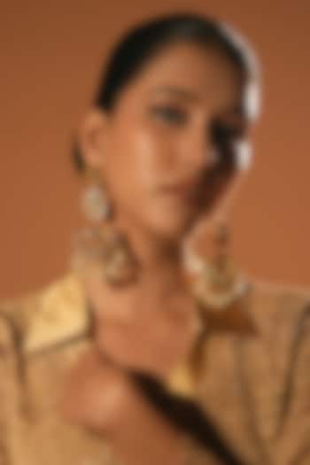 Gold Finish Crystal & Pearl Dangler Earrings by Bijoux By Priya Chandna at Pernia's Pop Up Shop