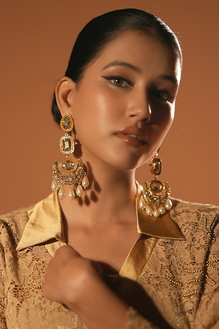 Gold Finish Crystal & Pearl Dangler Earrings by Bijoux By Priya Chandna at Pernia's Pop Up Shop