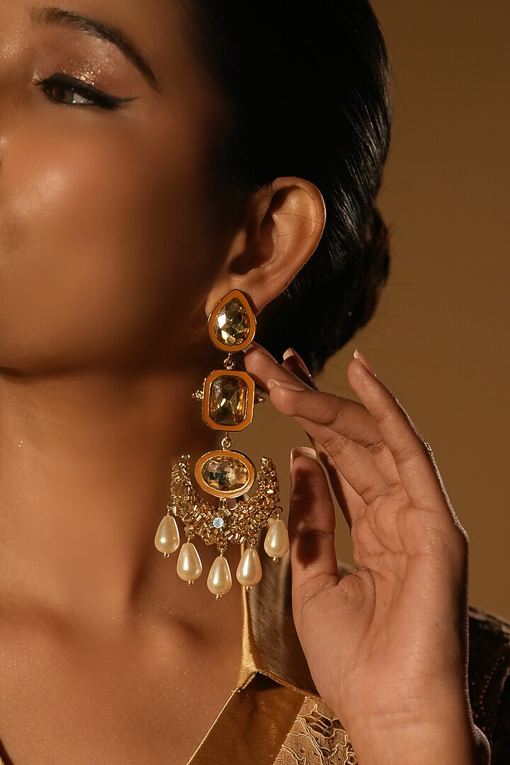 Gold Finish Crystal & Pearl Dangler Earrings by Bijoux By Priya Chandna at Pernia's Pop Up Shop