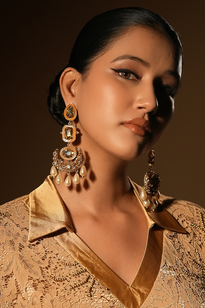 Gold Finish Crystal & Pearl Dangler Earrings by Bijoux By Priya Chandna at Pernia's Pop Up Shop
