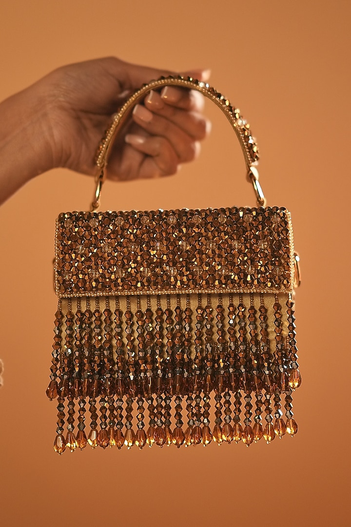 Gold Suede Crystal & Glass Bead Embroidered Fringe Mini Box Clutch by Bijoux By Priya Chandna at Pernia's Pop Up Shop