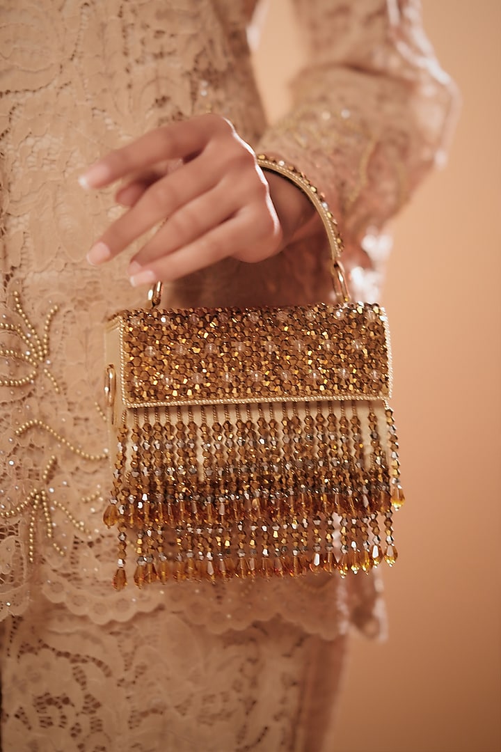 Gold Suede Crystal & Glass Bead Embroidered Fringe Mini Box Clutch by Bijoux By Priya Chandna at Pernia's Pop Up Shop