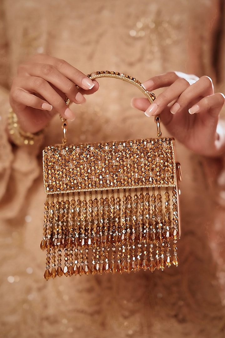 Gold Suede Crystal & Glass Bead Embroidered Fringe Mini Box Clutch by Bijoux By Priya Chandna at Pernia's Pop Up Shop