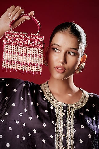 Pink Suede Crystal & Pearl Embroidered Mini Box Clutch by Bijoux By Priya Chandna