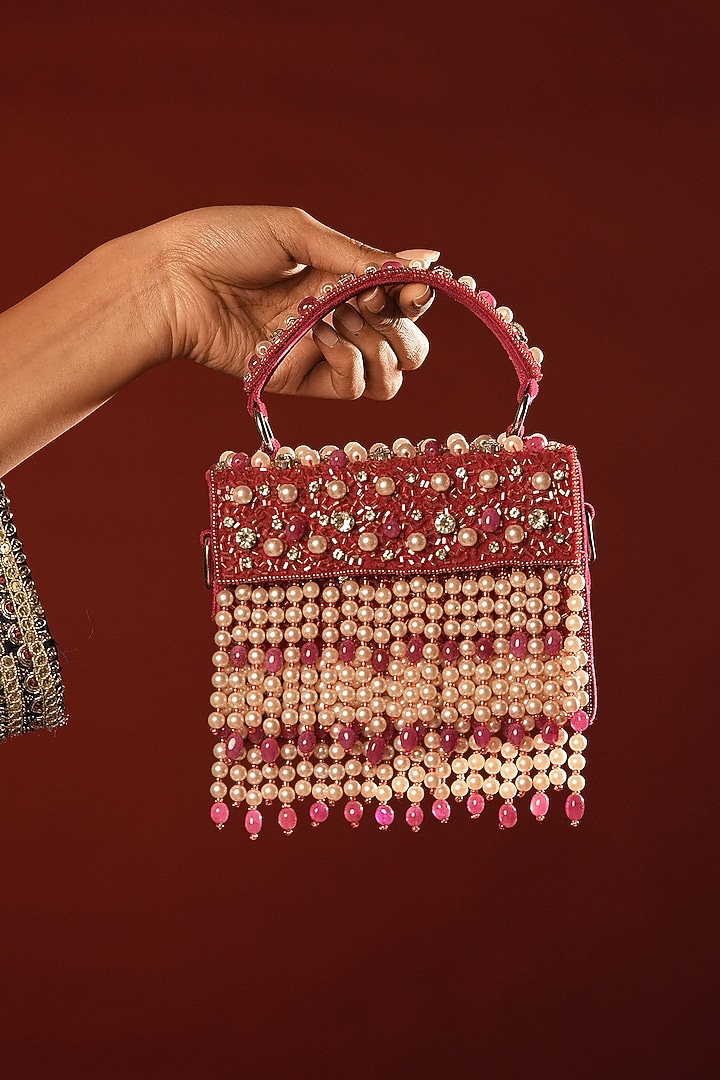Pink Suede Crystal & Pearl Embroidered Mini Box Clutch by Bijoux By Priya Chandna at Pernia's Pop Up Shop