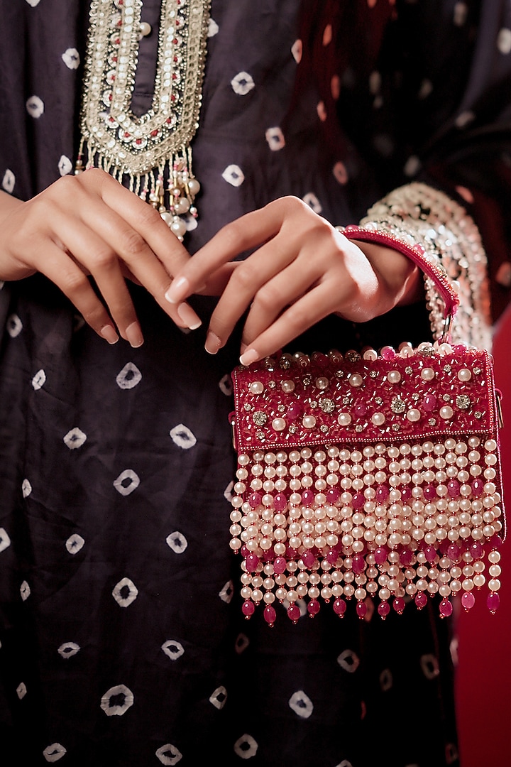 Pink Suede Crystal & Pearl Embroidered Mini Box Clutch by Bijoux By Priya Chandna at Pernia's Pop Up Shop
