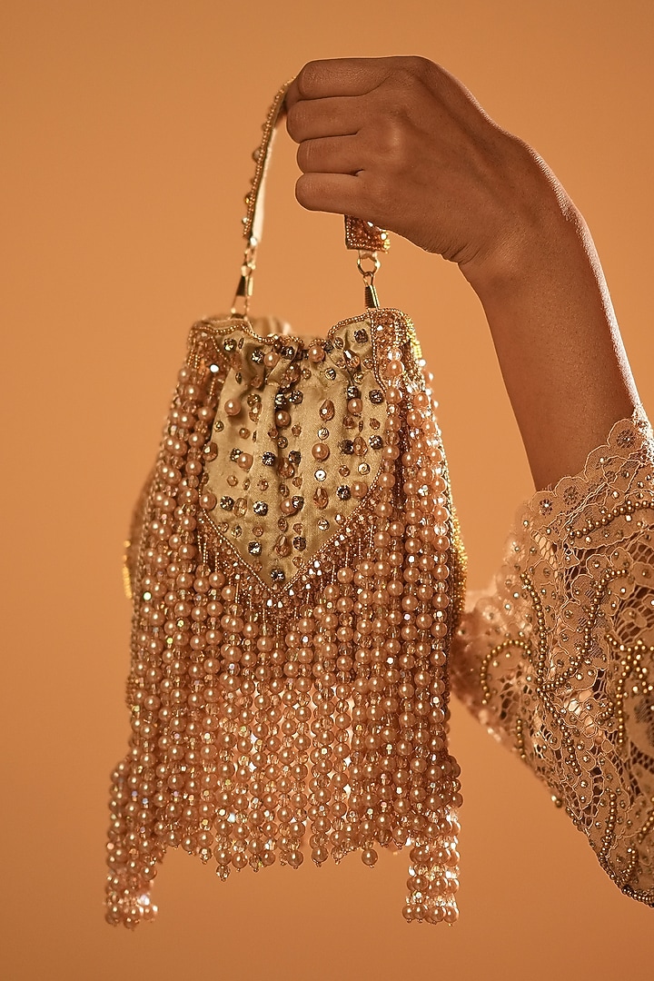 Gold Velvet Crystal & Pearl Embroidered Potli by Bijoux By Priya Chandna at Pernia's Pop Up Shop