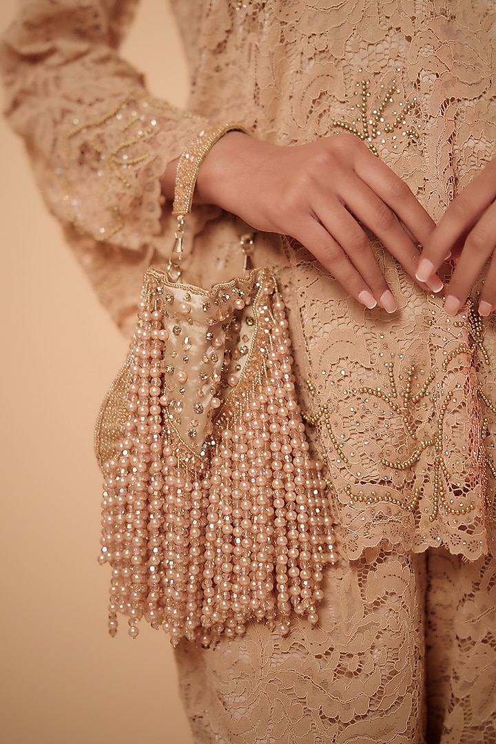 Gold Velvet Crystal & Pearl Embroidered Potli by Bijoux By Priya Chandna at Pernia's Pop Up Shop