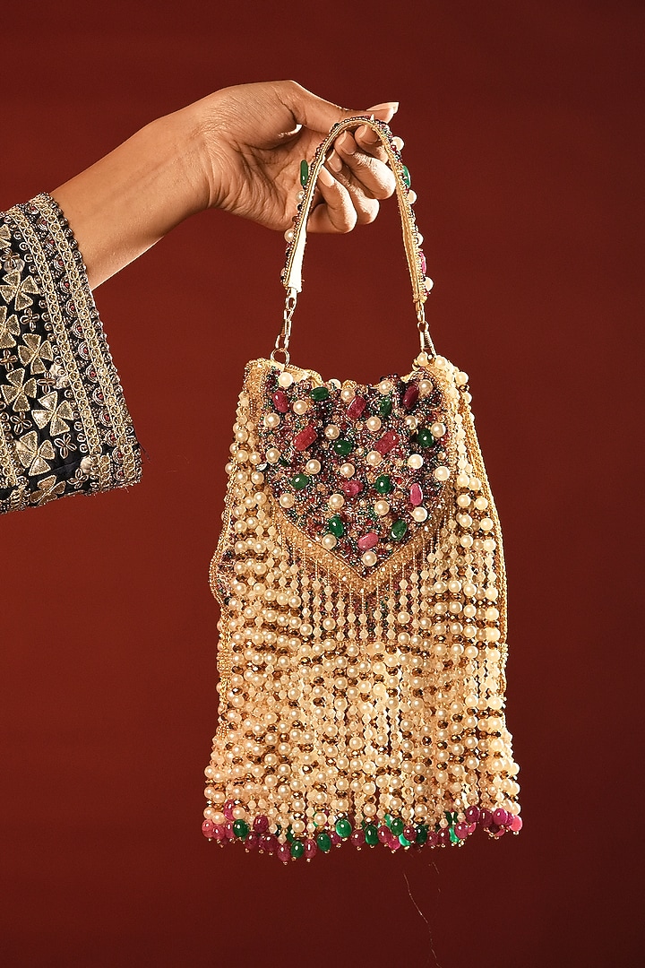Multi-Coloured Velvet Crystal & Pearl Embroidered Potli by Bijoux By Priya Chandna at Pernia's Pop Up Shop