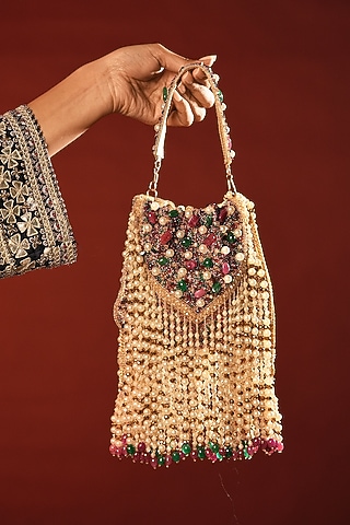Multi-Coloured Velvet Crystal & Pearl Embroidered Potli by Bijoux By Priya Chandna