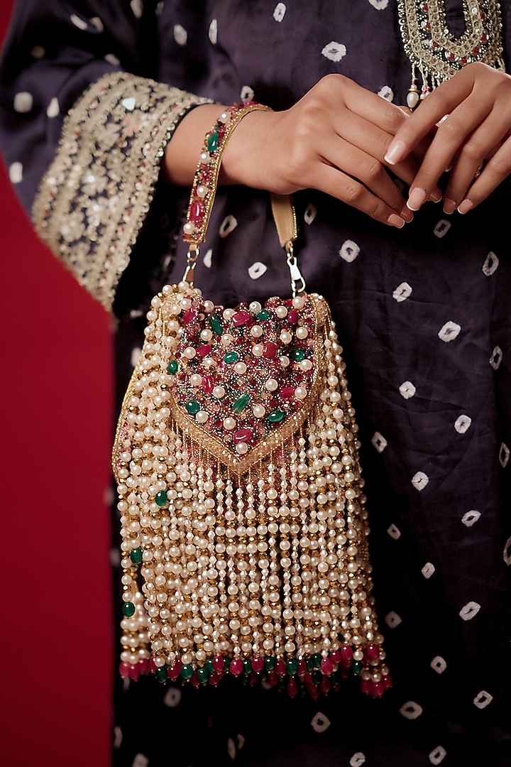 Multi-Coloured Velvet Crystal & Pearl Embroidered Potli by Bijoux By Priya Chandna at Pernia's Pop Up Shop