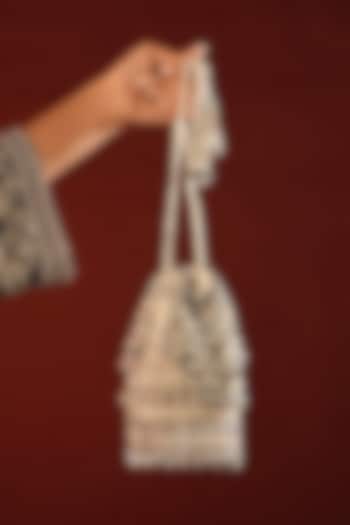 White Velvet Crystal & Glass Bead Embroidered Potli by Bijoux By Priya Chandna at Pernia's Pop Up Shop