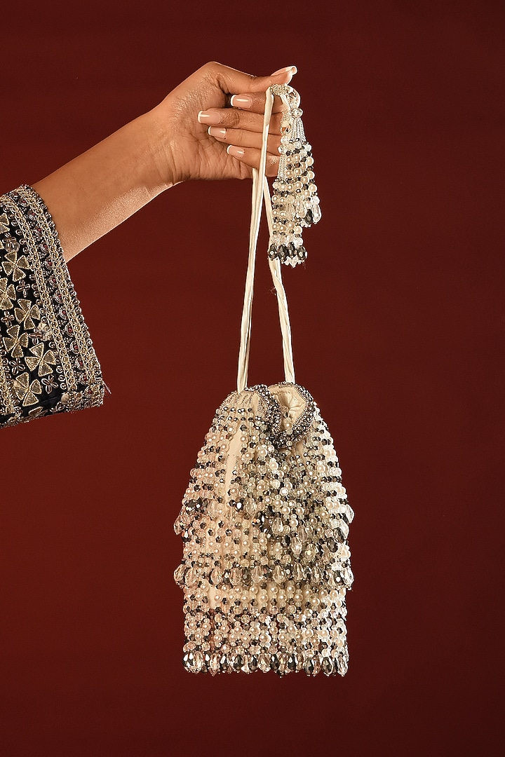 White Velvet Crystal & Glass Bead Embroidered Potli by Bijoux By Priya Chandna at Pernia's Pop Up Shop
