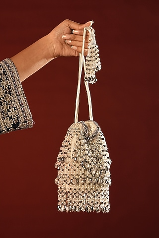 White Velvet Crystal & Glass Bead Embroidered Potli by Bijoux By Priya Chandna