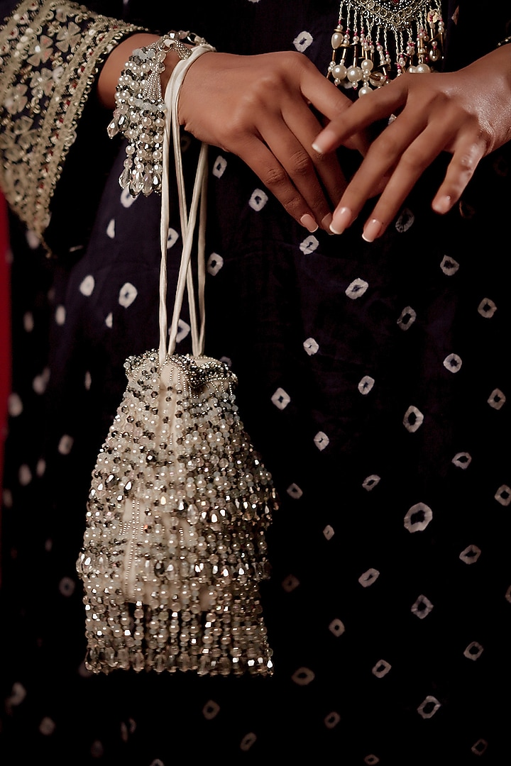 White Velvet Crystal & Glass Bead Embroidered Potli by Bijoux By Priya Chandna at Pernia's Pop Up Shop