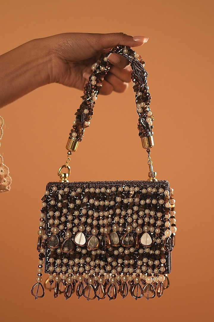 Brown Suede Pearl & Smoke -Colored Stone Box Clutch by Bijoux By Priya Chandna at Pernia's Pop Up Shop