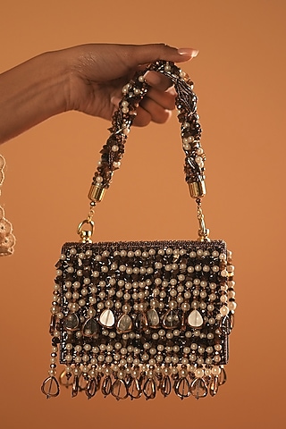 Brown Suede Pearl & Smoke -Colored Stone Box Clutch by Bijoux By Priya Chandna