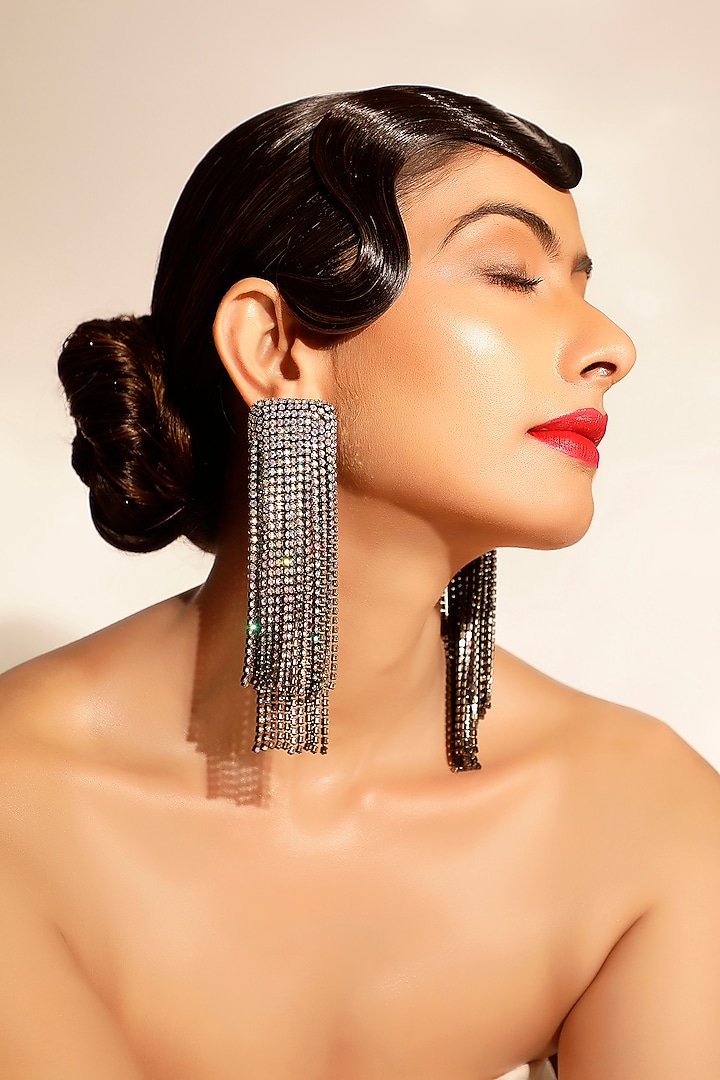 Silver & Gunmetal Finish Crystal Waterfall Dangler Earrings by Bijoux By Priya Chandna at Pernia's Pop Up Shop