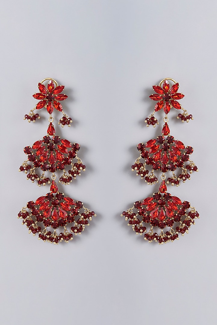 Gold Finish Red Crystal Chandbaali Earrings by Bijoux By Priya Chandna at Pernia's Pop Up Shop