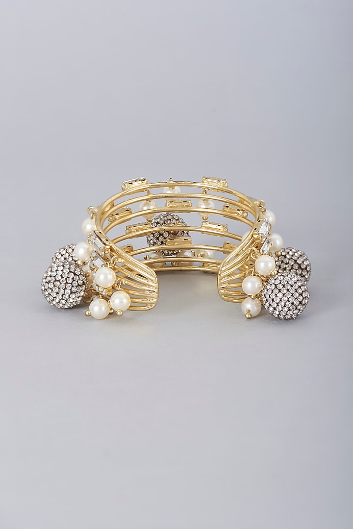 Gold Finish Crystal Stone Cuff by Bijoux By Priya Chandna at Pernia's Pop Up Shop