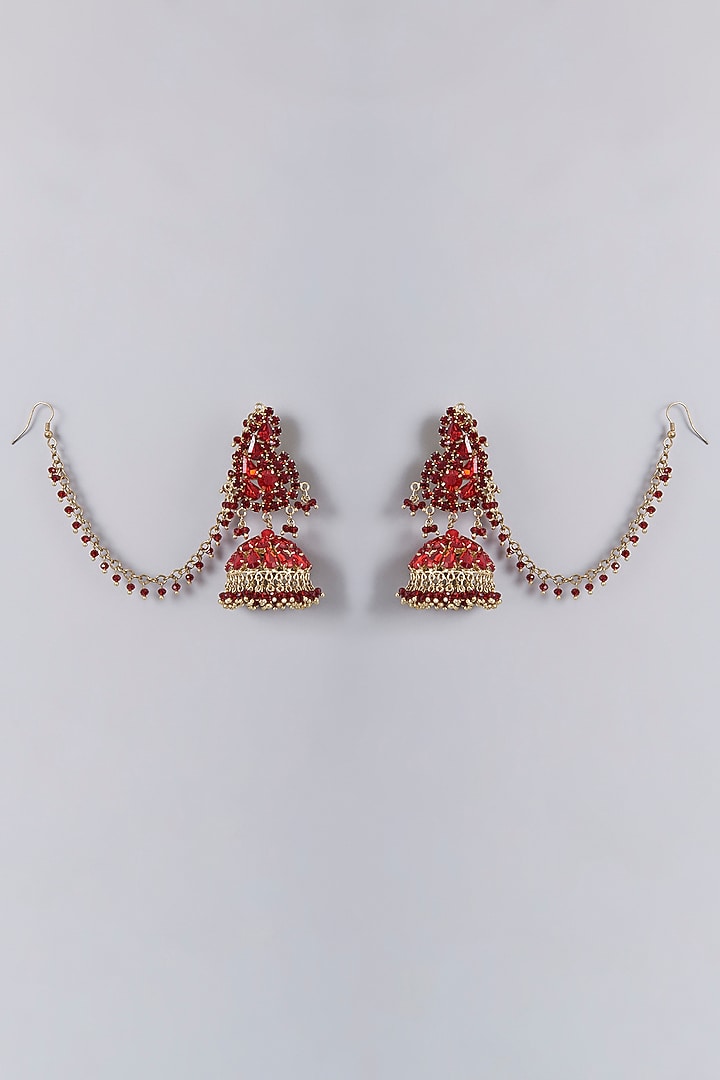 Gold Finish Red Crystal Jhumka Earrings by Bijoux By Priya Chandna at Pernia's Pop Up Shop